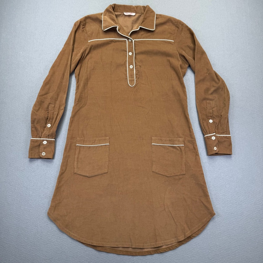 Kayce Hughes Womens Brown Corduroy Shift Dress Size 4 Long Sleeve White Piping